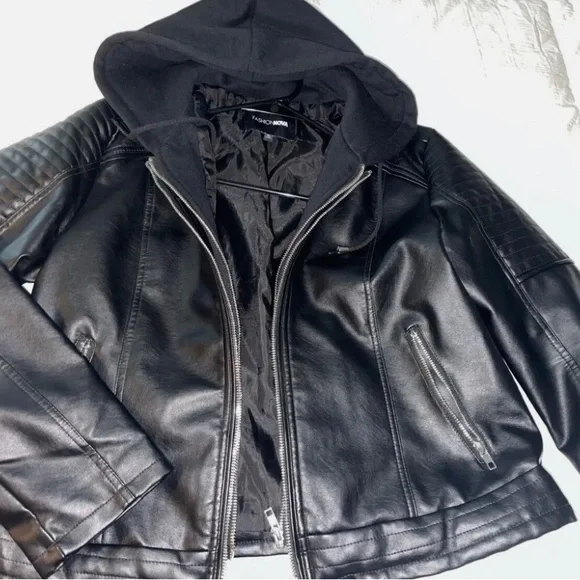 Fashion Nova, leather jacket with hoodie - Picture 1 of 3